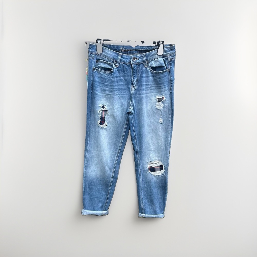 Natural Reflections Distressed Plaid Patch Boyfriend Jeans Blue Medium Wash 8